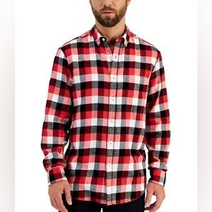 Club Room men M red BluePlaid Button Top shirt Long Sleeve fire plaid combo